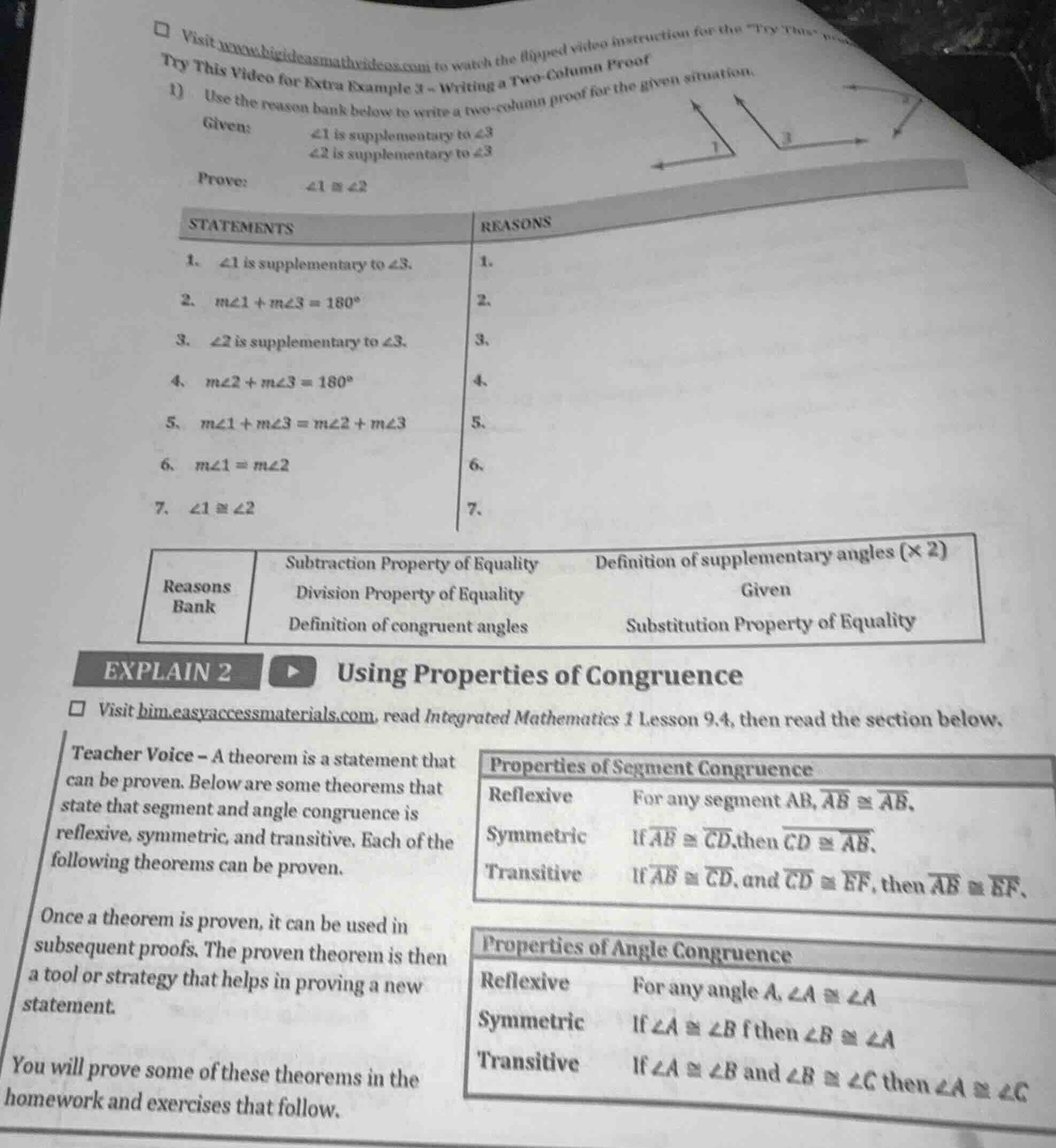 try this video for extra example 3 - writing a two-column proof 1) use …