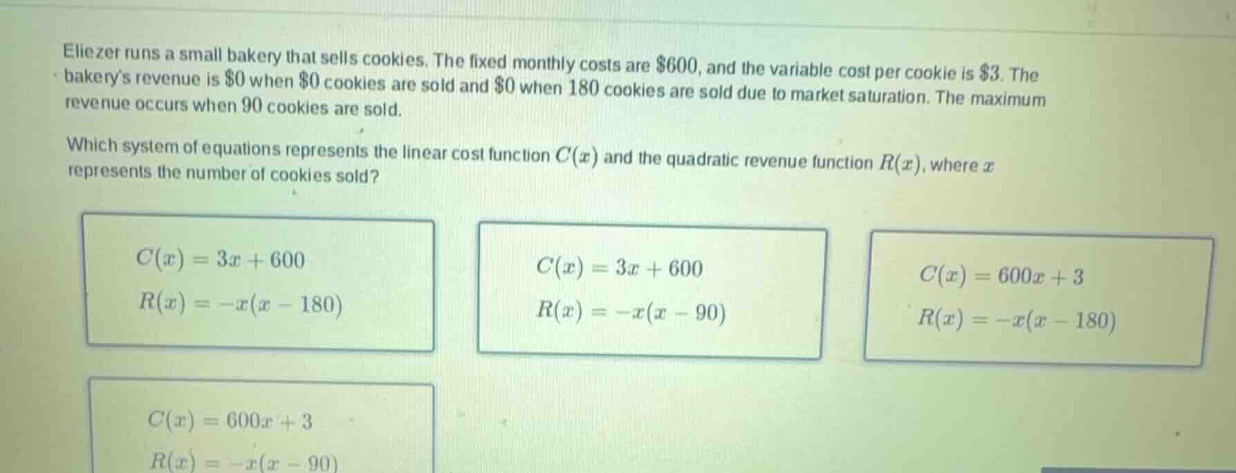 eliezer runs a small bakery that sells cookies. the fixed monthly costs…