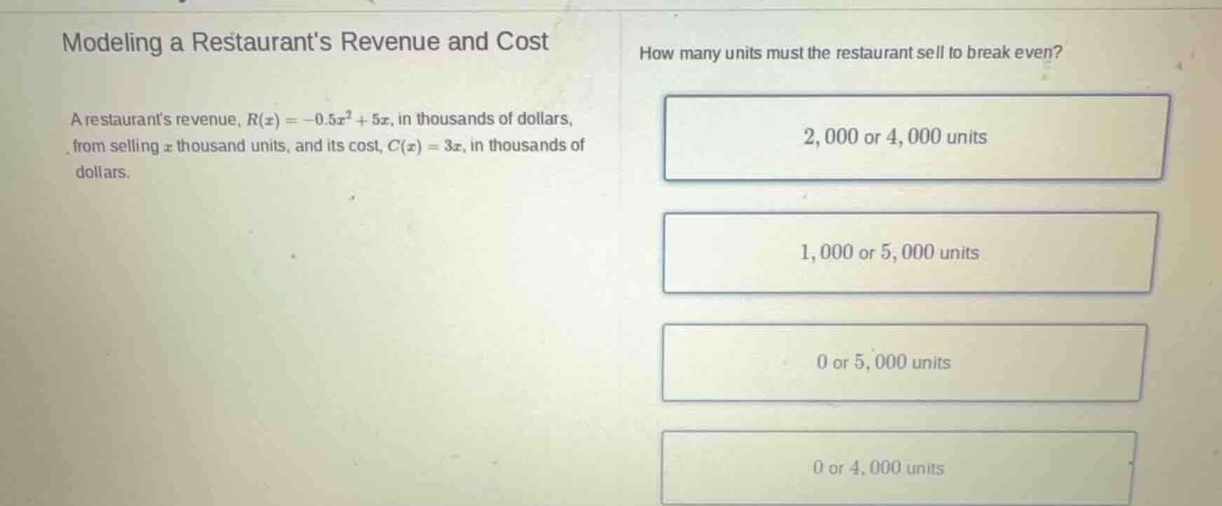 modeling a restaurants revenue and cost a restaurant’s revenue, $r(x) =…