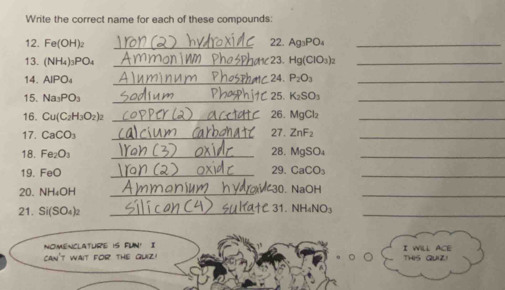 write the correct name for each of these compounds: 12. fe(oh)₂ 13. (nh…