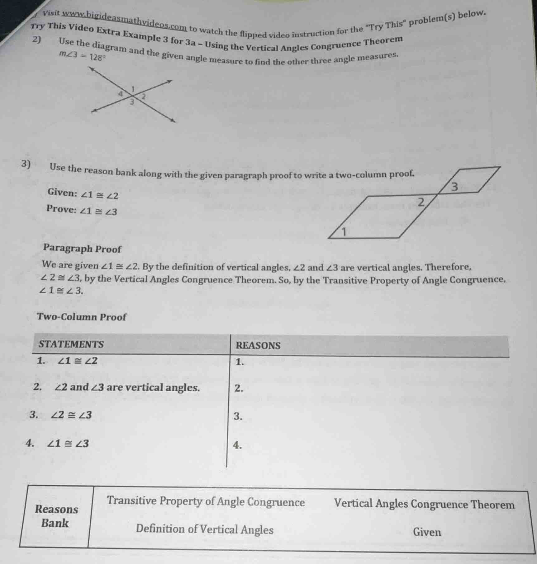 try this video extra example 3 for 3a - using the vertical angles congr…