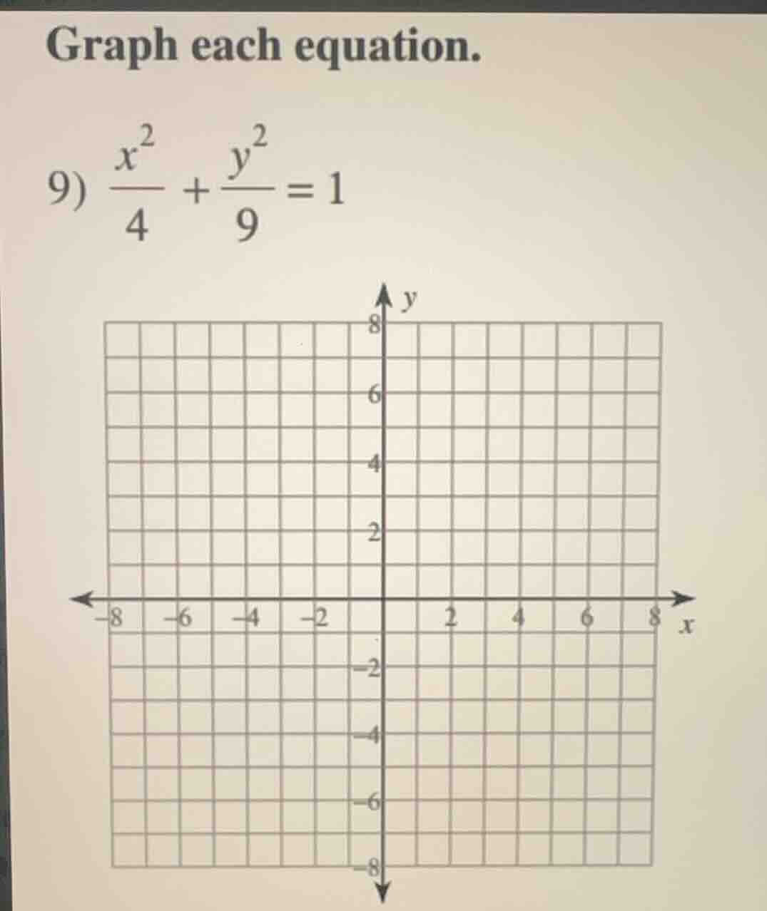 graph each equation. 9) \\(\\frac{x^2}{4} + \\frac{y^2}{9} = 1\\)