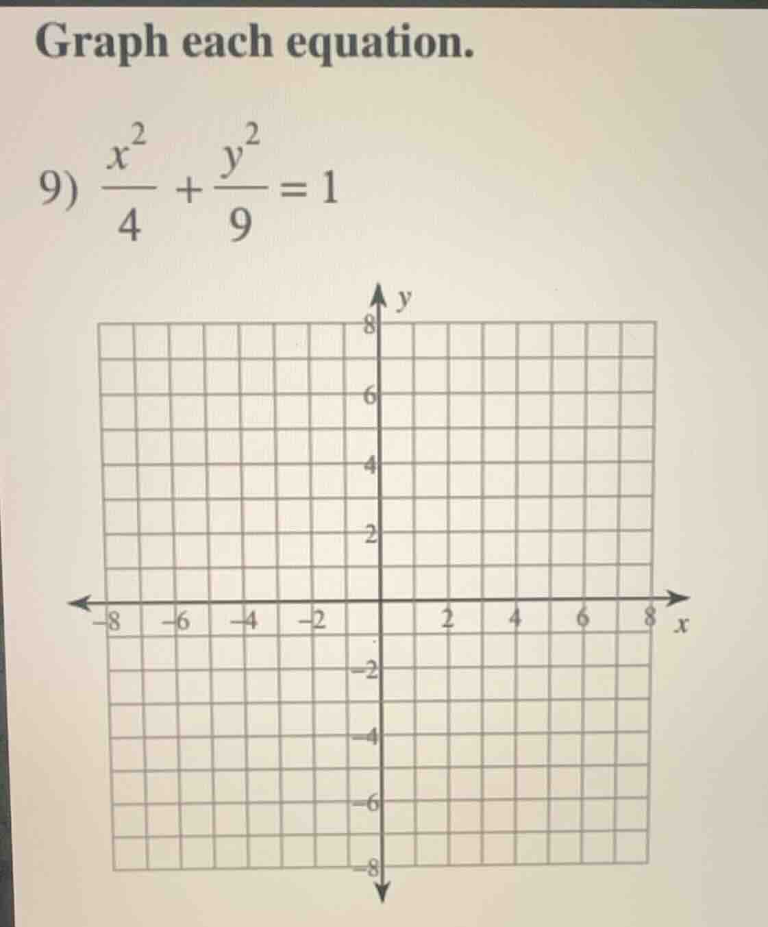 graph each equation. 9) \\(\\frac{x^2}{4} + \\frac{y^2}{9} = 1\\)