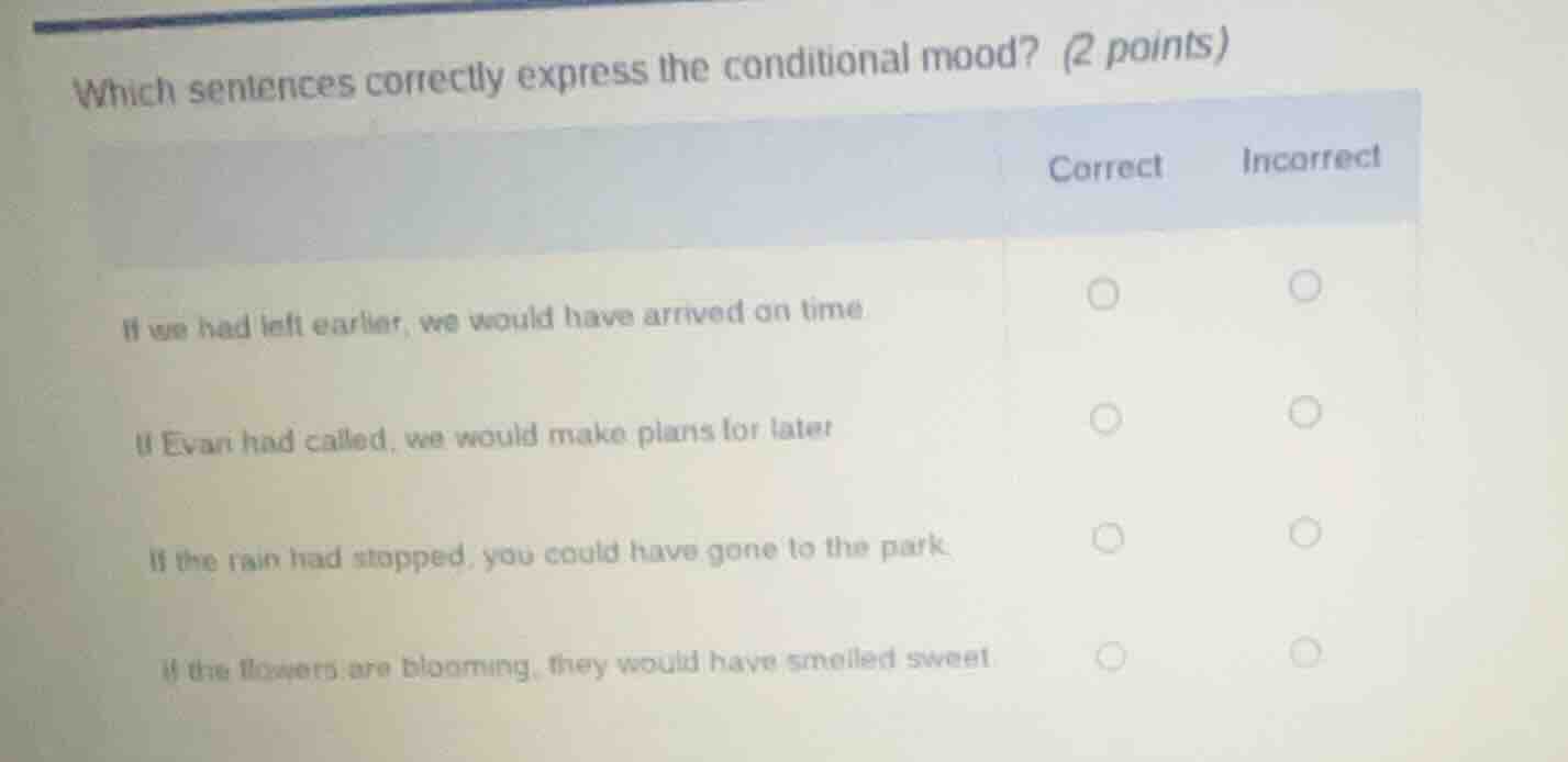 which sentences correctly express the conditional mood? (2 points) if w…