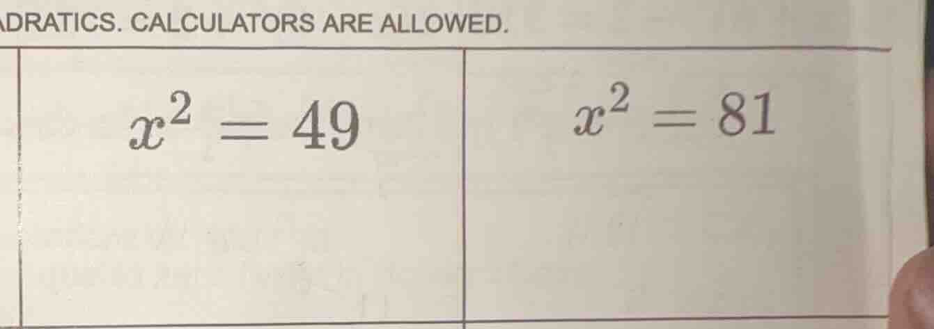 adratics. calculators are allowed. $x^2 = 49$ $x^2 = 81$