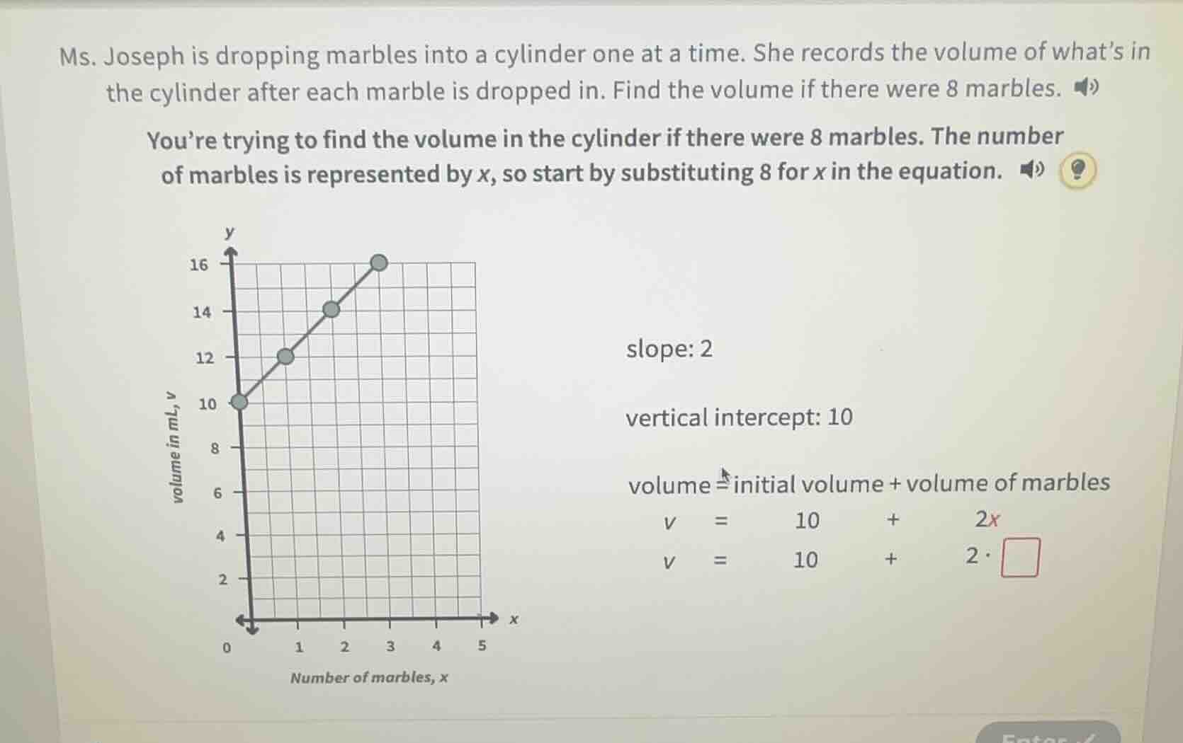 ms. joseph is dropping marbles into a cylinder one at a time. she recor…