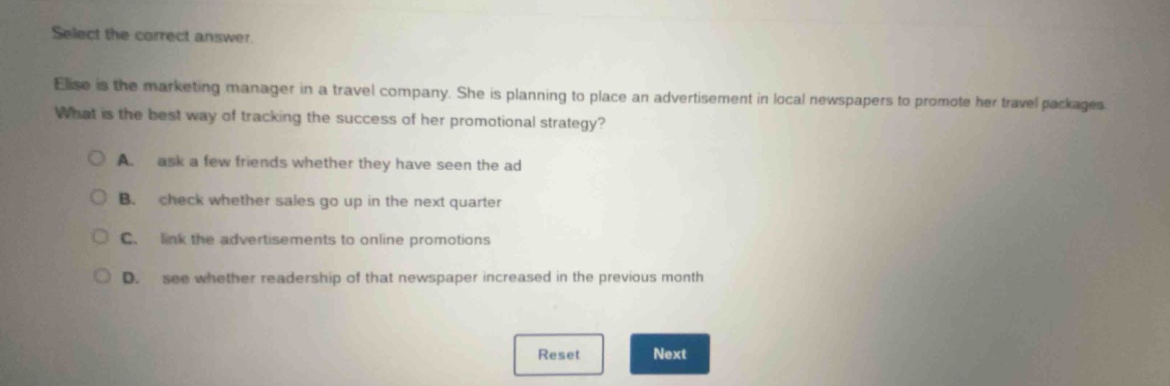 select the correct answer. elise is the marketing manager in a travel c…