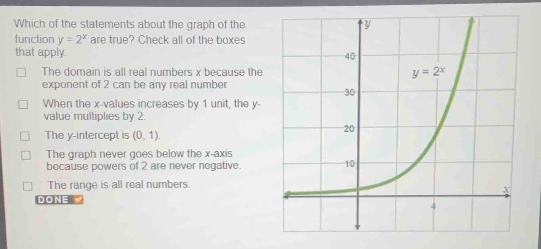 which of the statements about the graph of the function $y = 2^x$ are t…