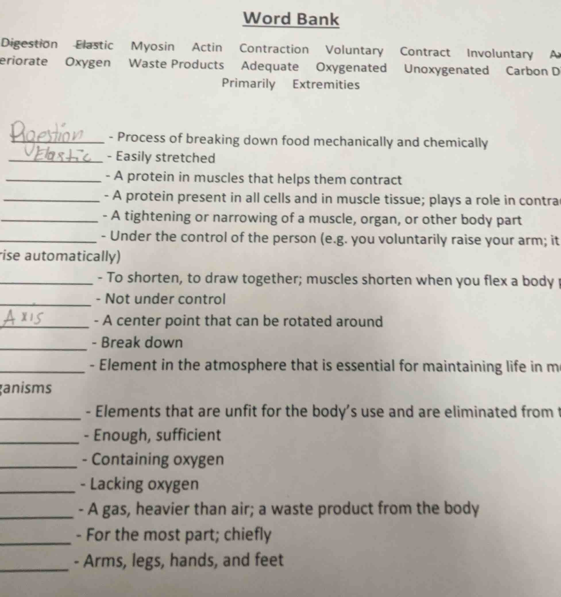 word bank digestion elastic myosin actin contraction voluntary contract…