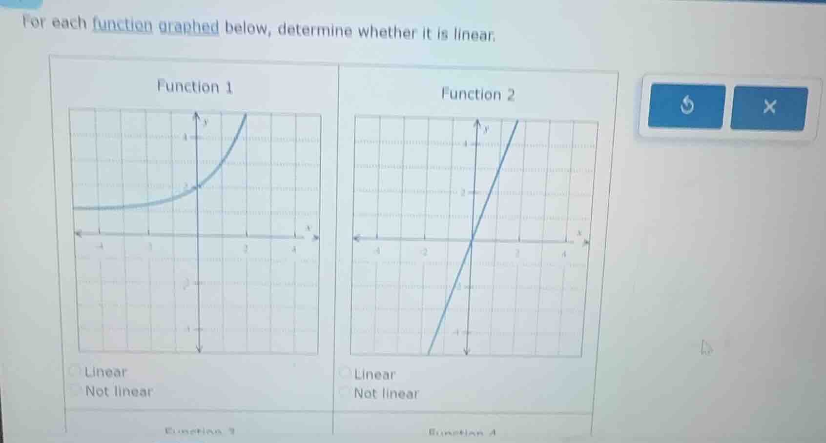 for each function graphed below, determine whether it is linear, functi…