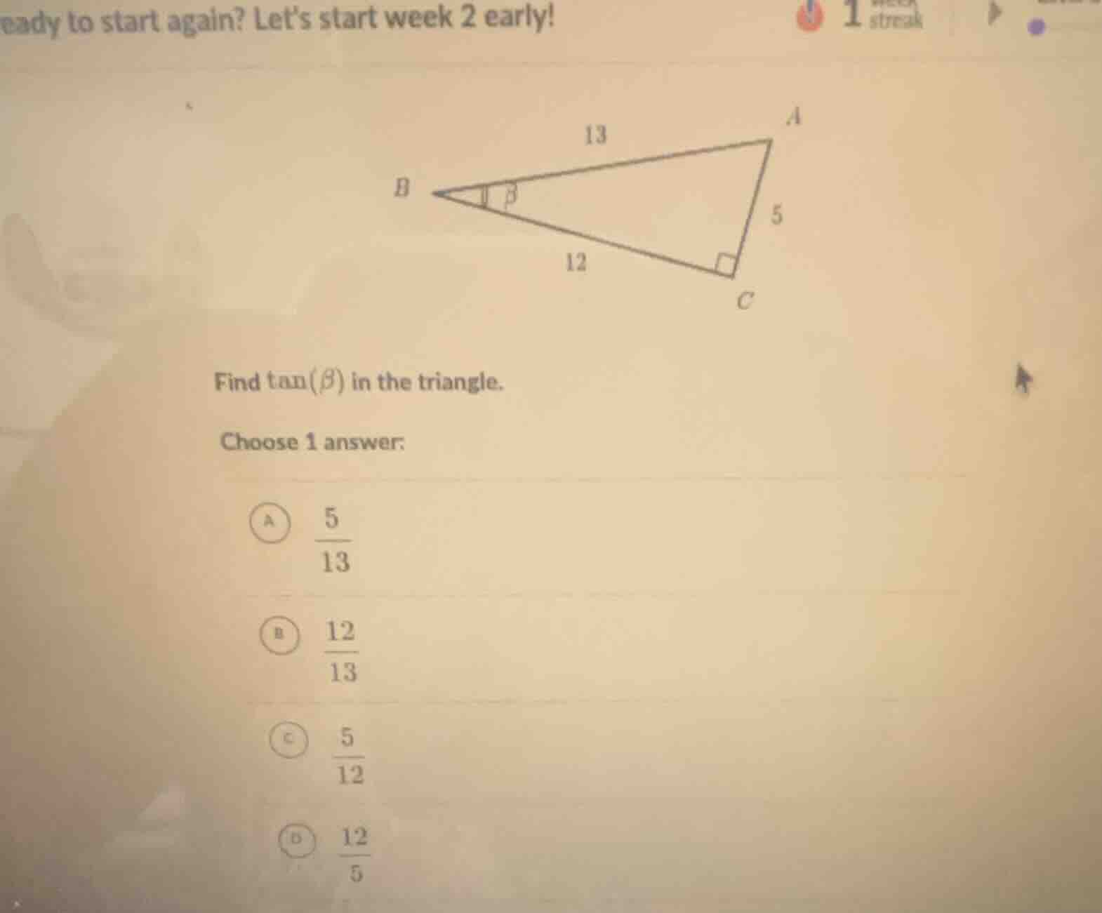 find \\(\\tan(\\beta)\\) in the triangle. choose 1 answer: a \\(\\frac{…