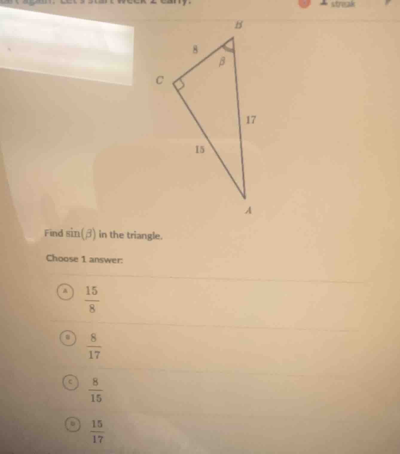 find \\(\\sin(\\beta)\\) in the triangle. choose 1 answer: a \\(\\dfrac…