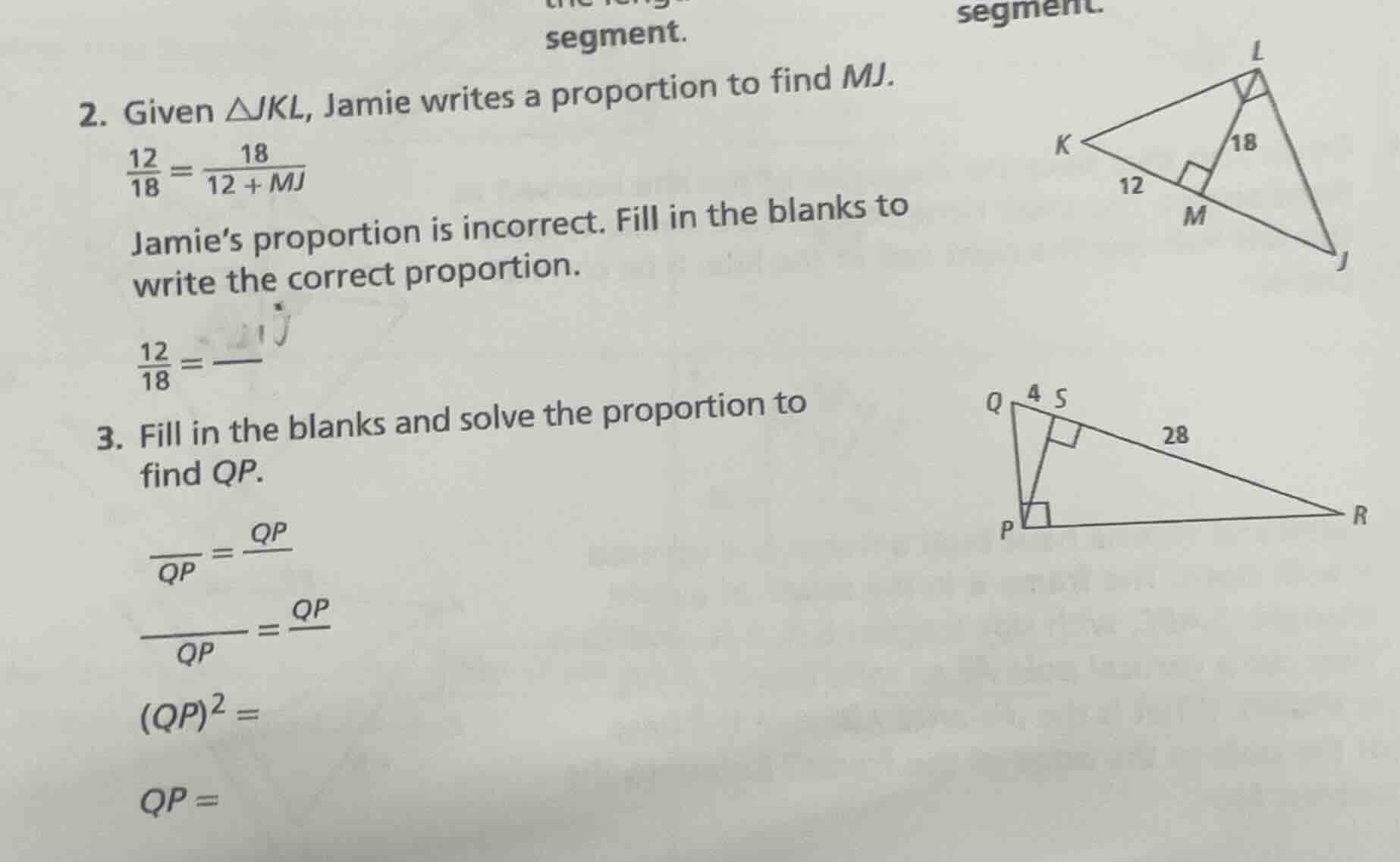 segment. 2. given $\\triangle jkl$, jamie writes a proportion to find $…