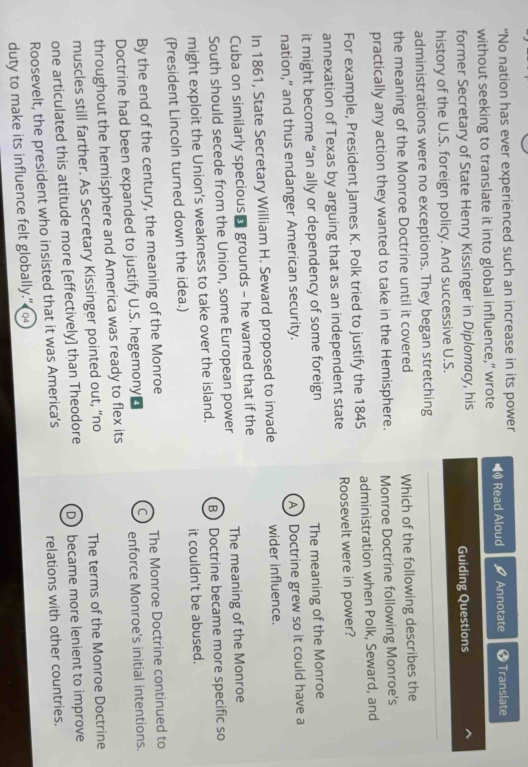 guiding questions which of the following describes the monroe doctrine …