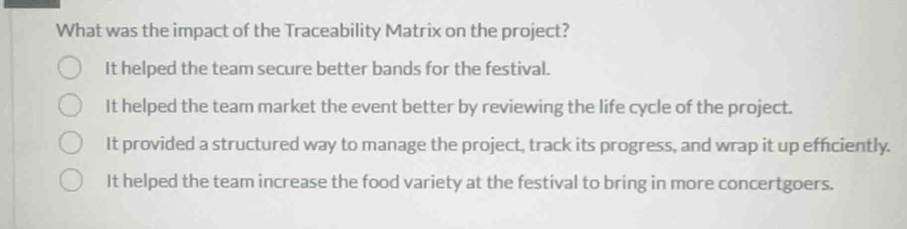 what was the impact of the traceability matrix on the project? it helpe…