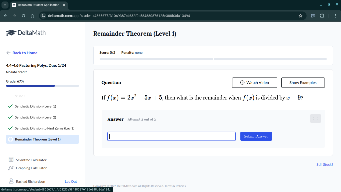 if $f(x) = 2x^2 - 5x + 5$, then what is the remainder when $f(x)$ is di…