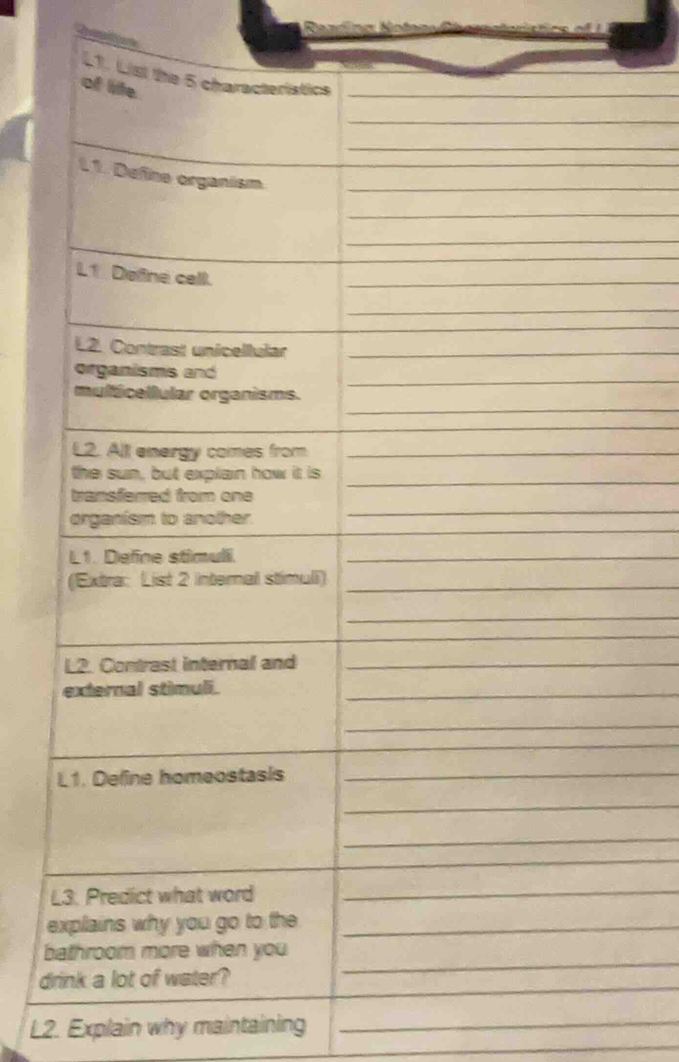 l1. list the 5 characteristicsof life.l1. define organism.l1 define cel…