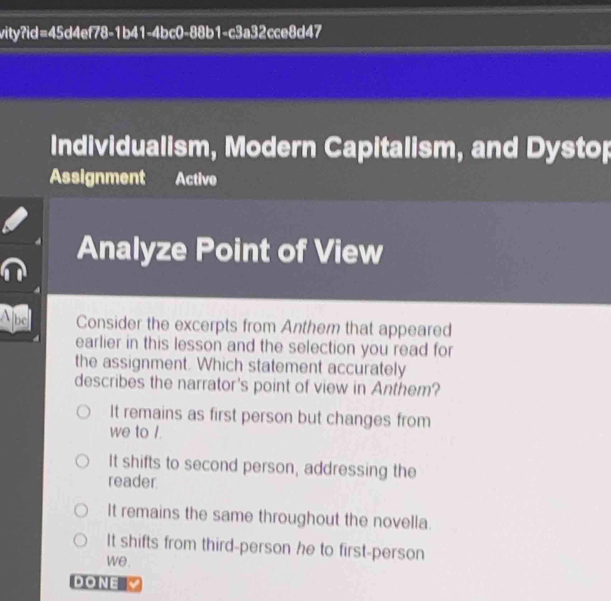 analyze point of view consider the excerpts from anthem that appeared e…