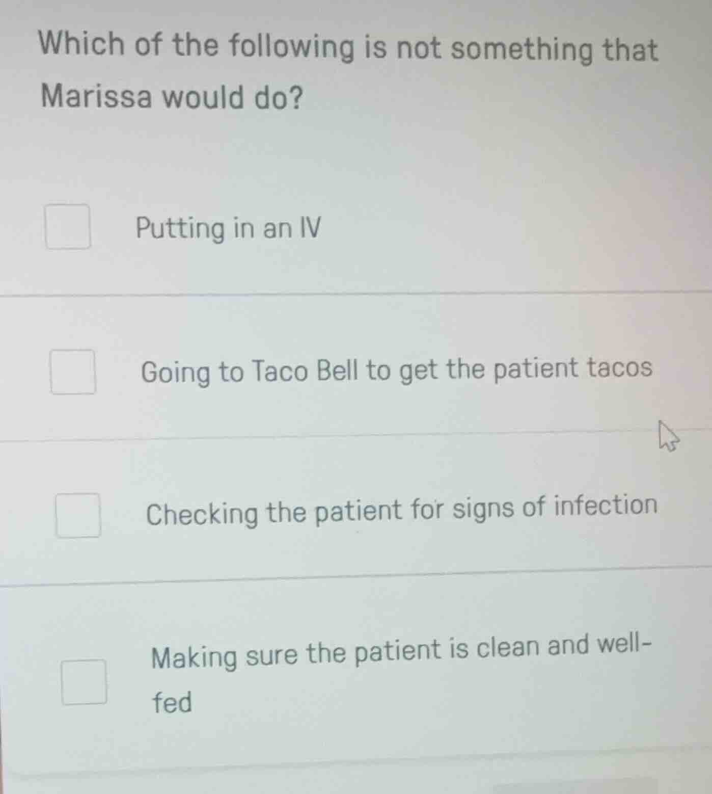 which of the following is not something that marissa would do? putting …