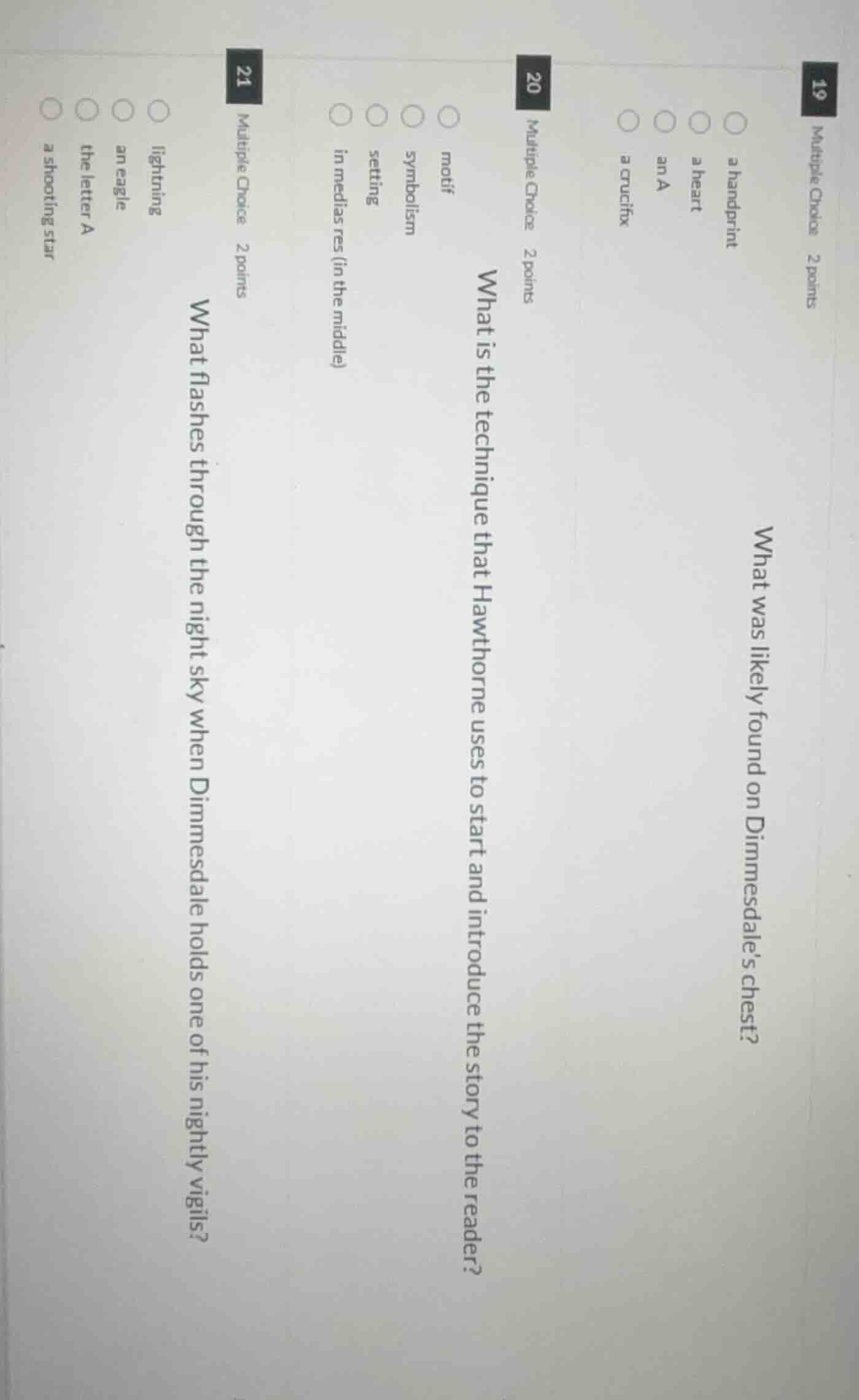 19 multiple choice 2 points what was likely found on dimmesdale’s chest…