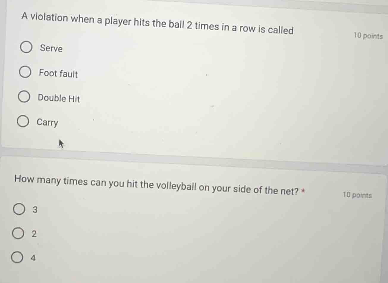 a violation when a player hits the ball 2 times in a row is called 10 p…