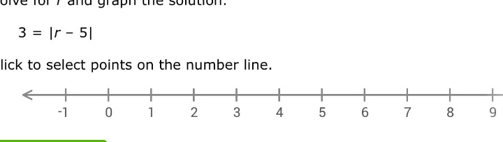 solve for r and graph the solution. 3 = |r - 5| click to select points …