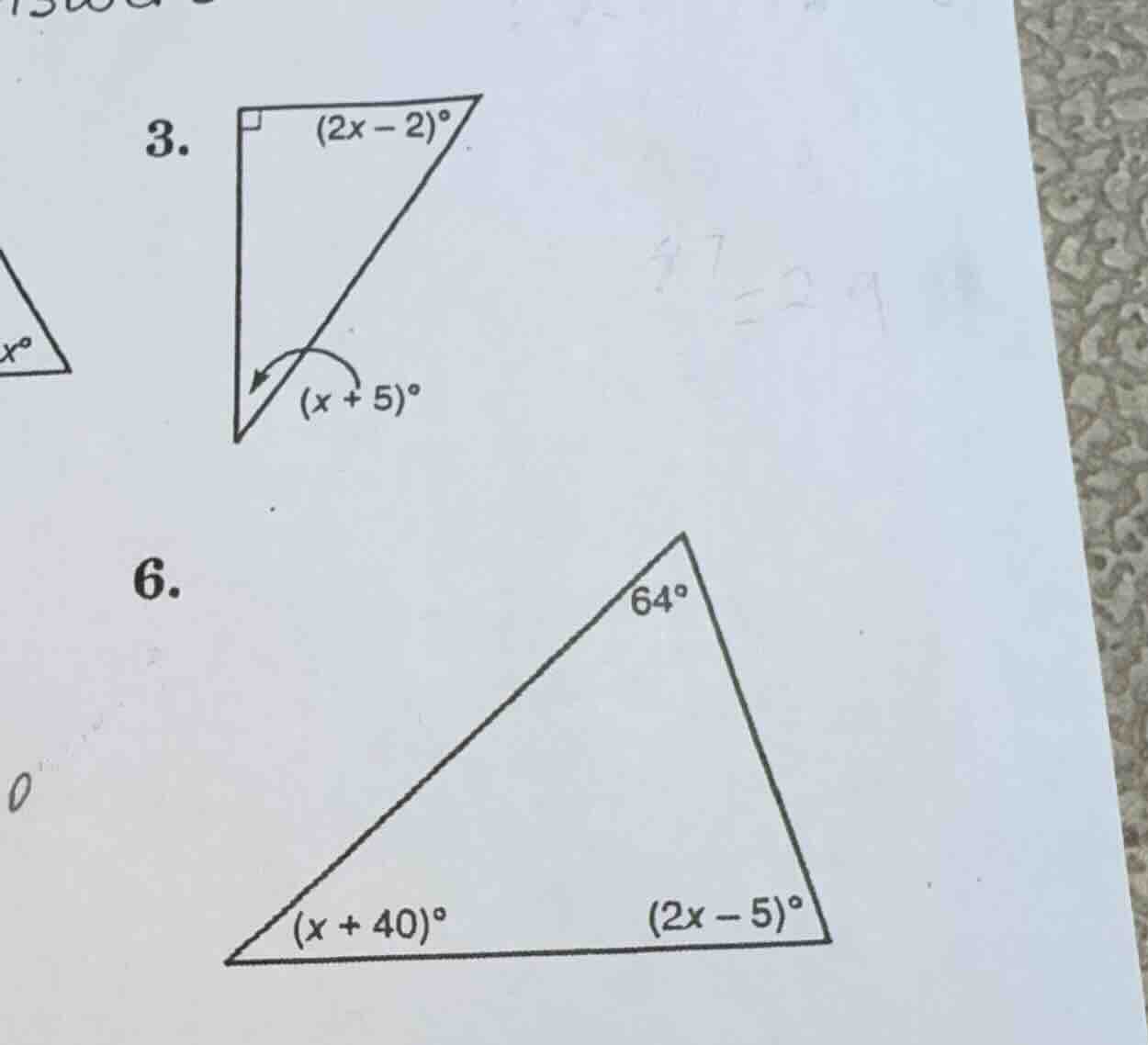 3. 6. 64° (x + 40)° (2x - 5)°