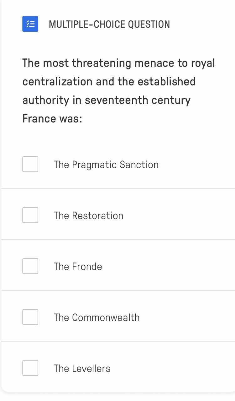 multiple-choice question the most threatening menace to royal centraliz…