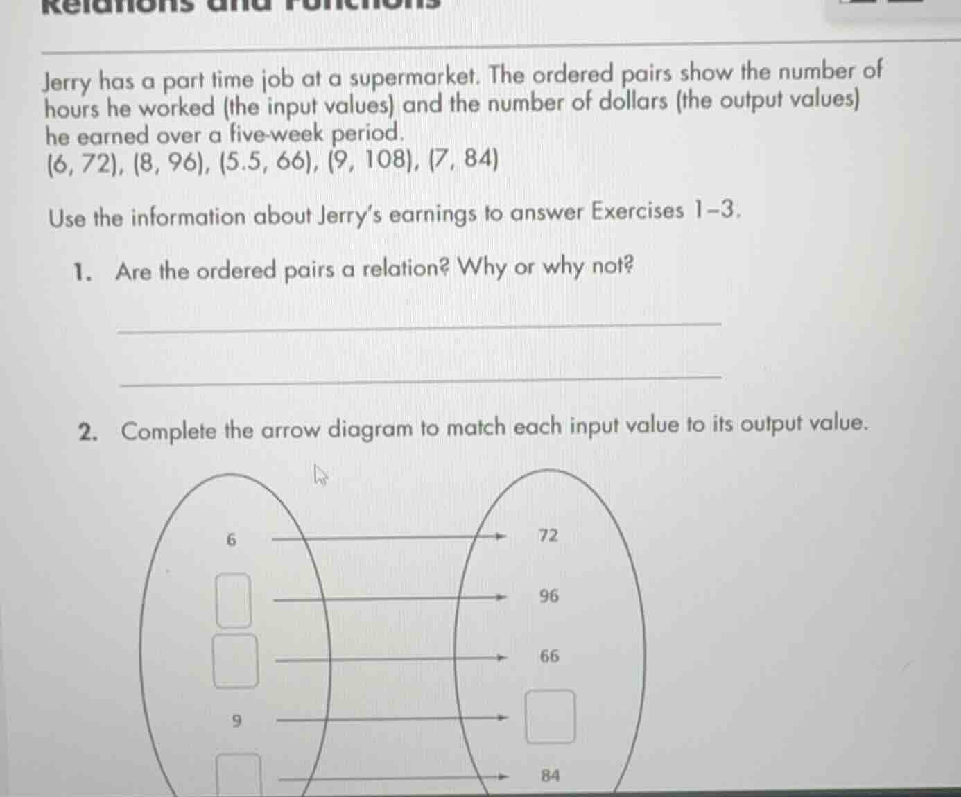 jerry has a part time job at a supermarket. the ordered pairs show the …