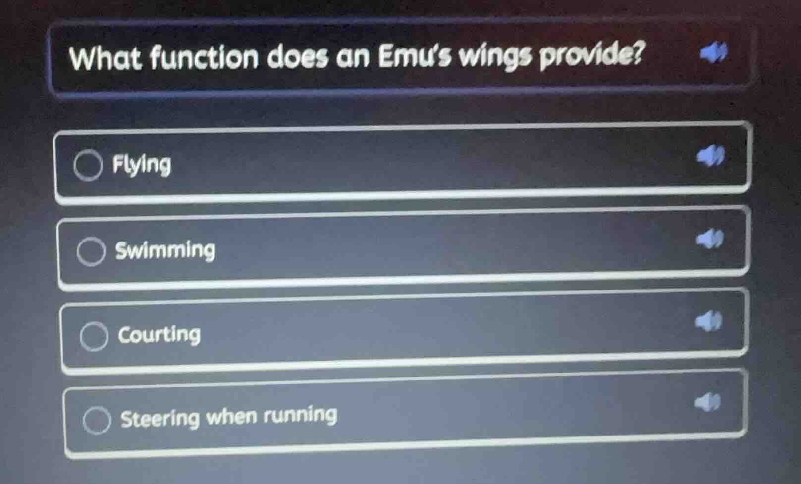 what function does an emus wings provide? flying swimming courting stee…