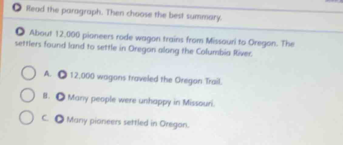 read the paragraph. then choose the best summary. about 12,000 pioneers…