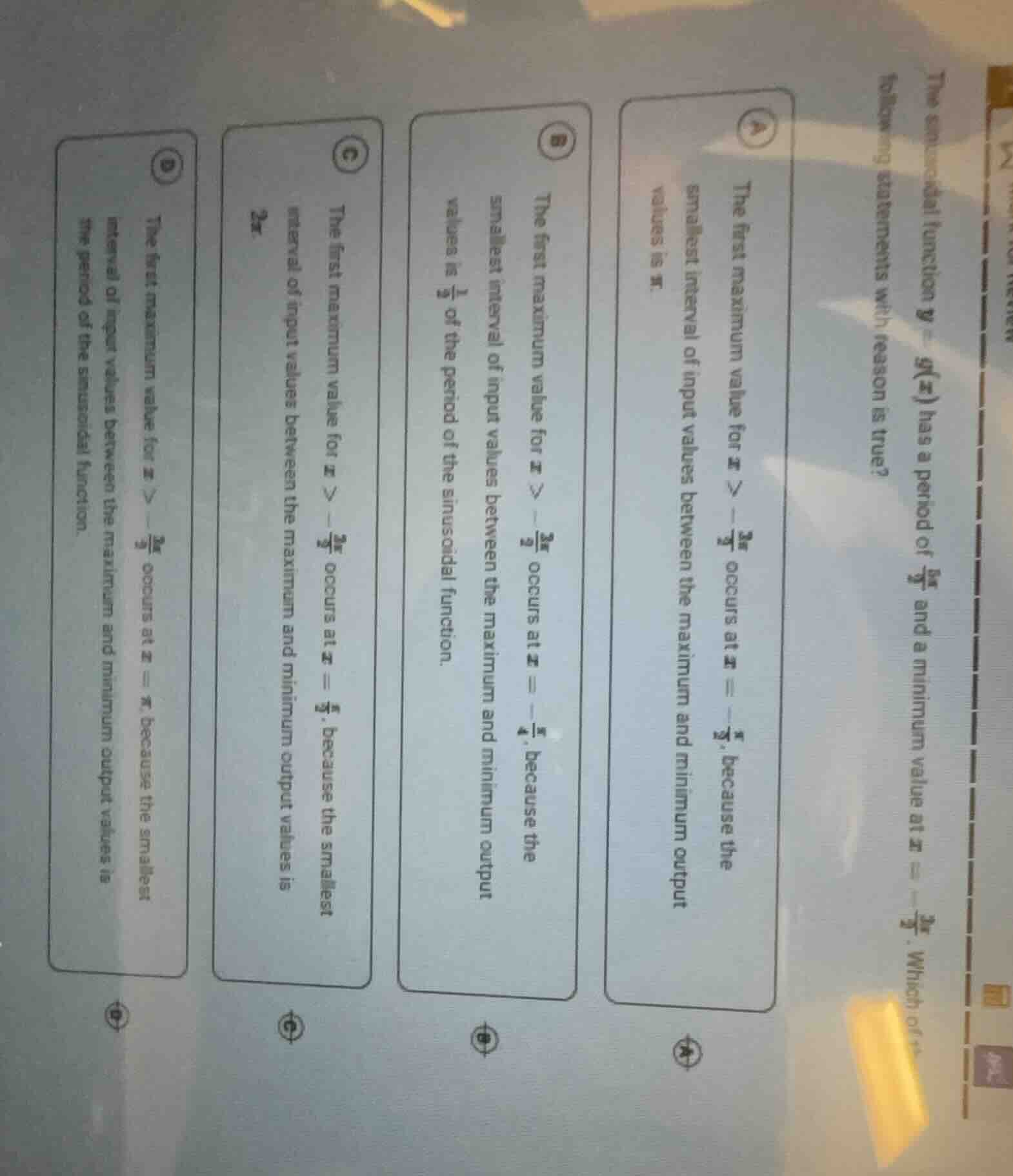 the sinusoidal function ( y = g(x) ) has a period of ( \frac{6pi}{5} ) …