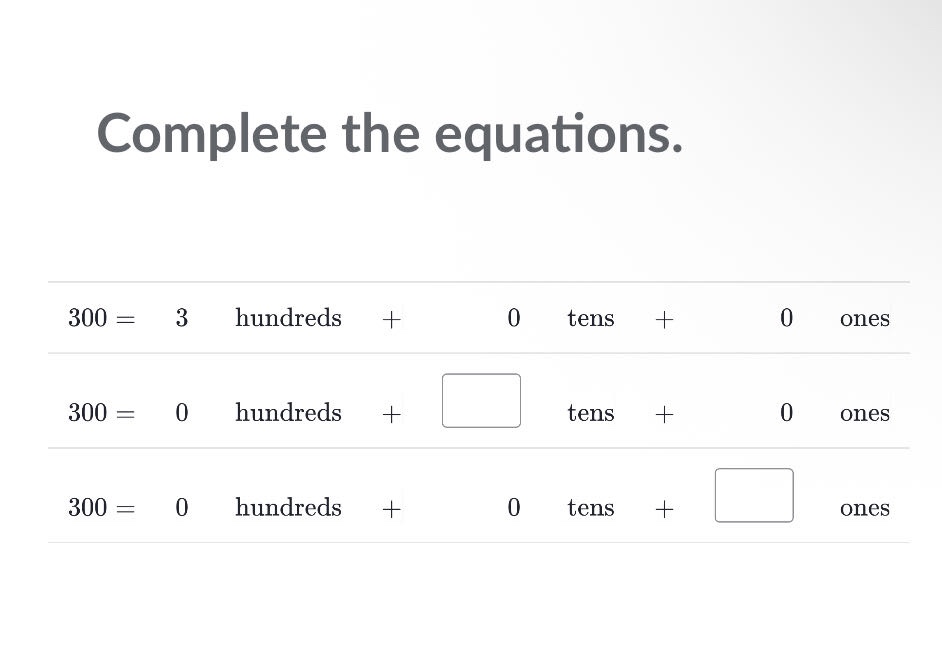 complete the equations. 300 = 3 hundreds + 0 tens + 0 ones 300 = 0 hund…