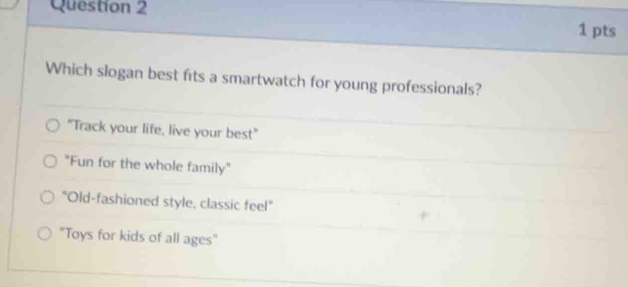 question 2 1 pts which slogan best fits a smartwatch for young professi…