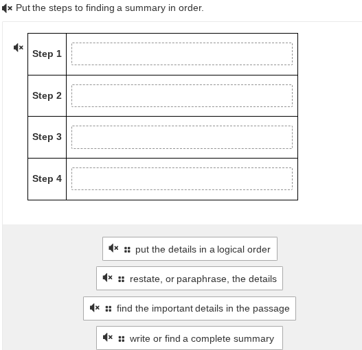 put the steps to finding a summary in order. step 1 step 2 step 3 step …