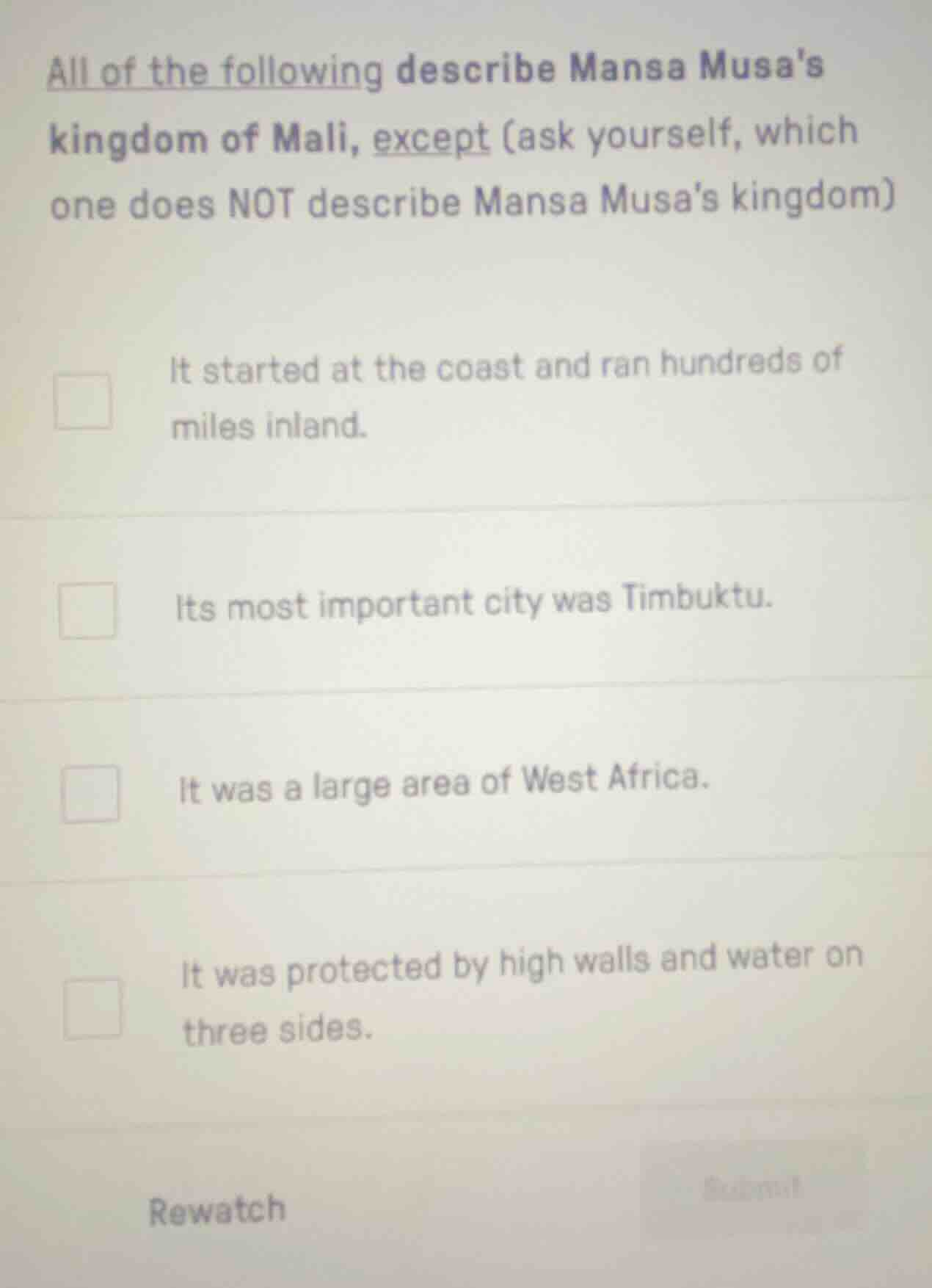 all of the following describe mansa musas kingdom of mali, except (ask …