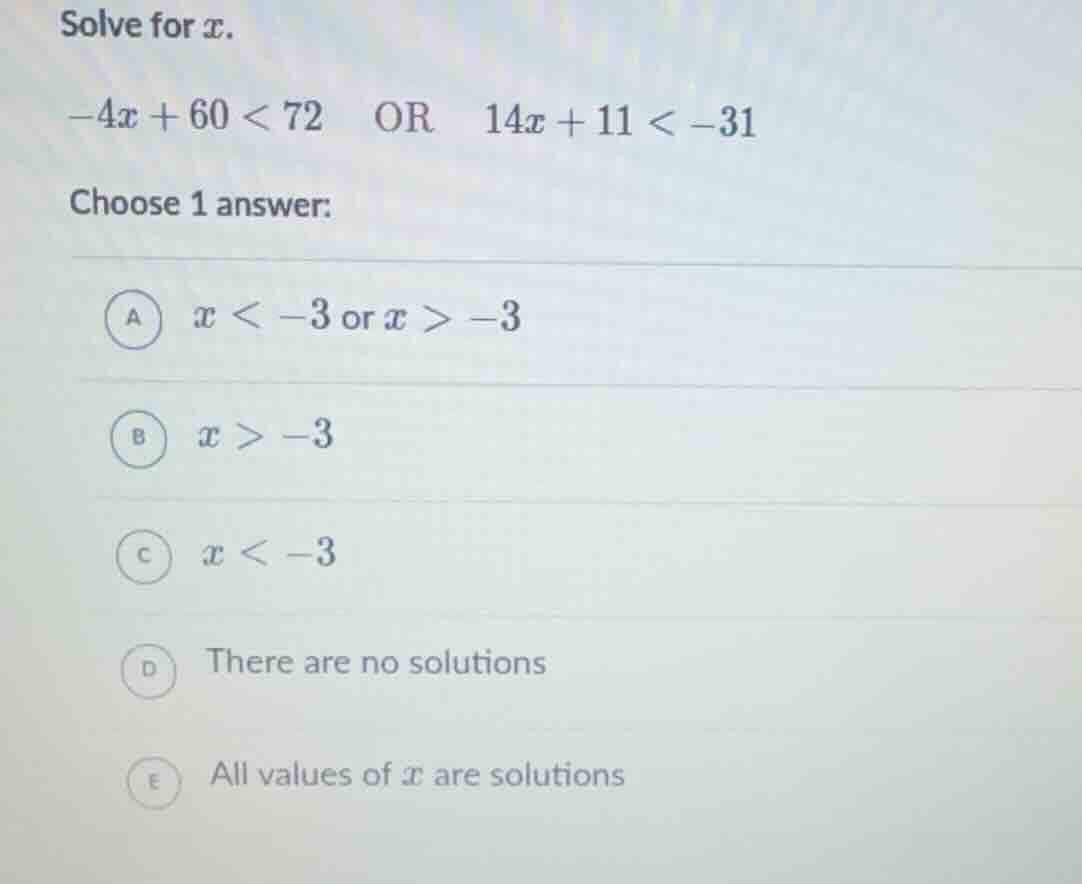 solve for x.\ -4x + 60 < 72 or 14x + 11 < -31\ choose 1 answer:\ a x < …
