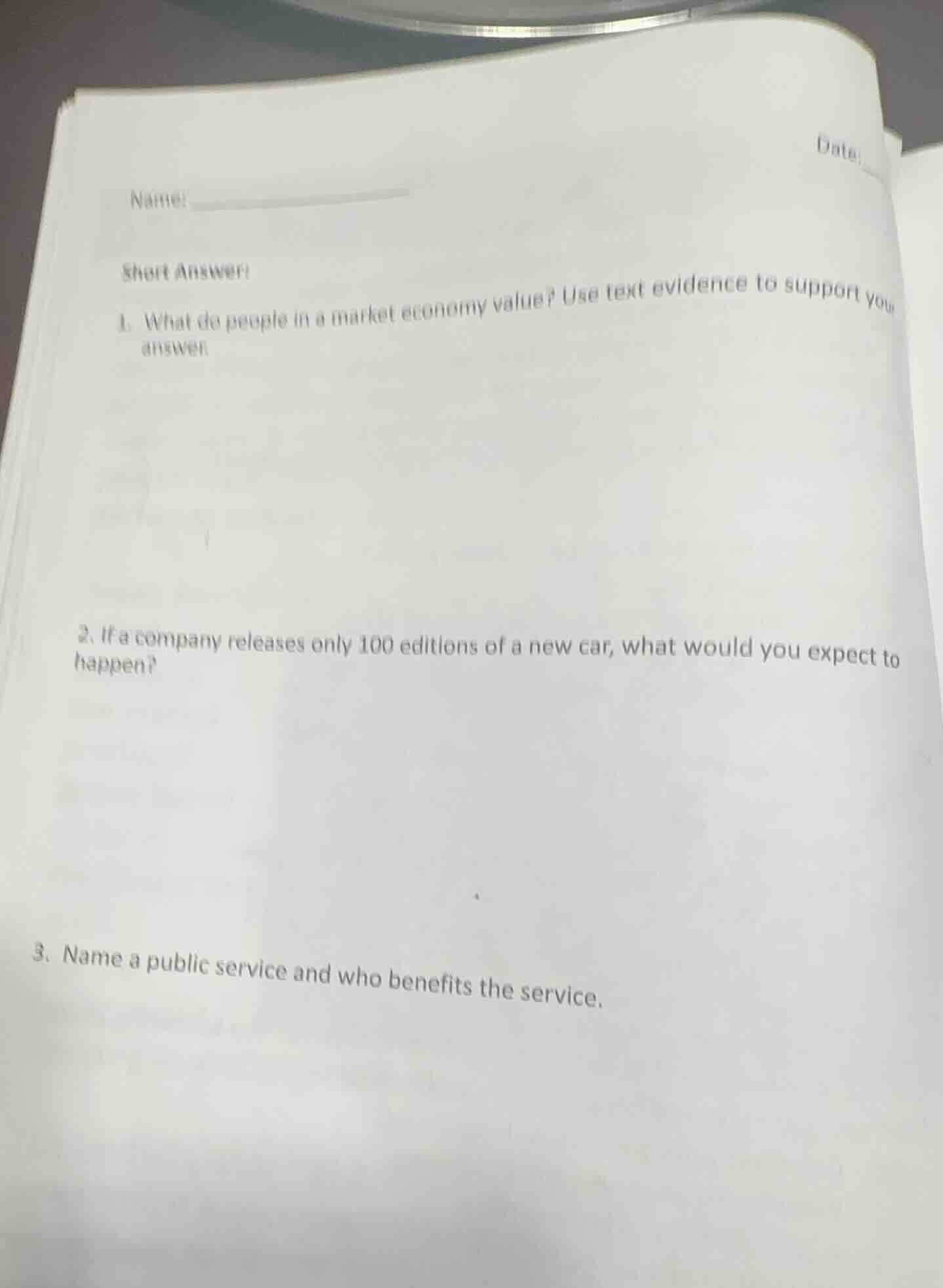 name: date: short answer: 1. what do people in a market economy value? …