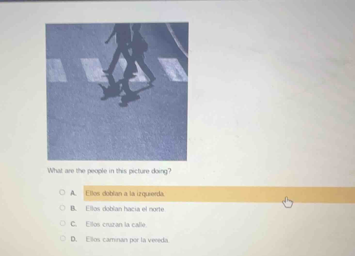 what are the people in this picture doing? a. ellos doblan a la izquier…