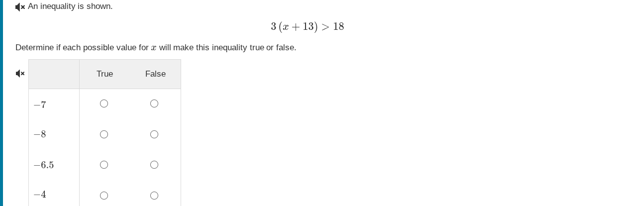 an inequality is shown. $3(x + 13) > 18$ determine if each possible val…