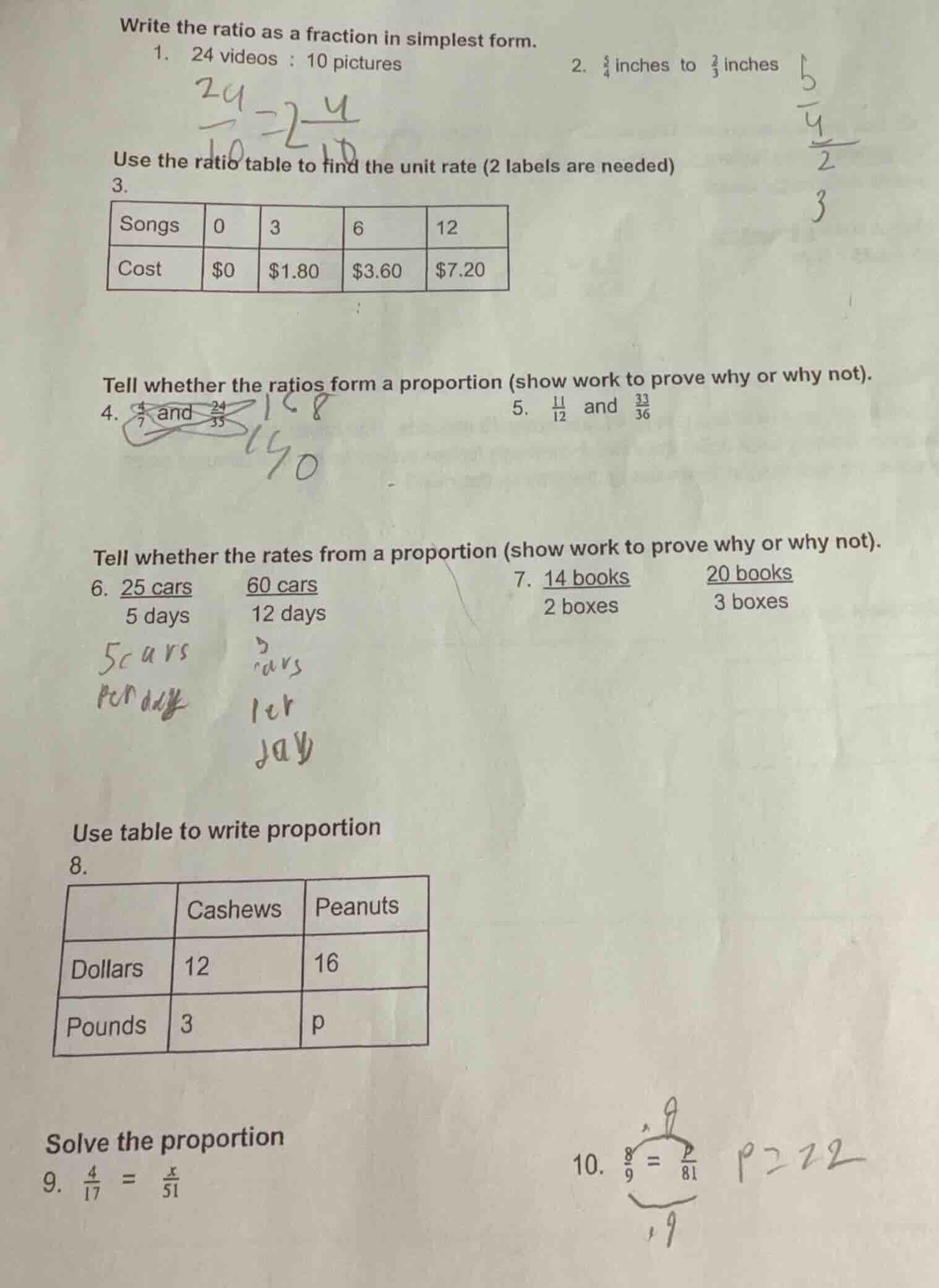 write the ratio as a fraction in simplest form. 1. 24 videos : 10 pictu…