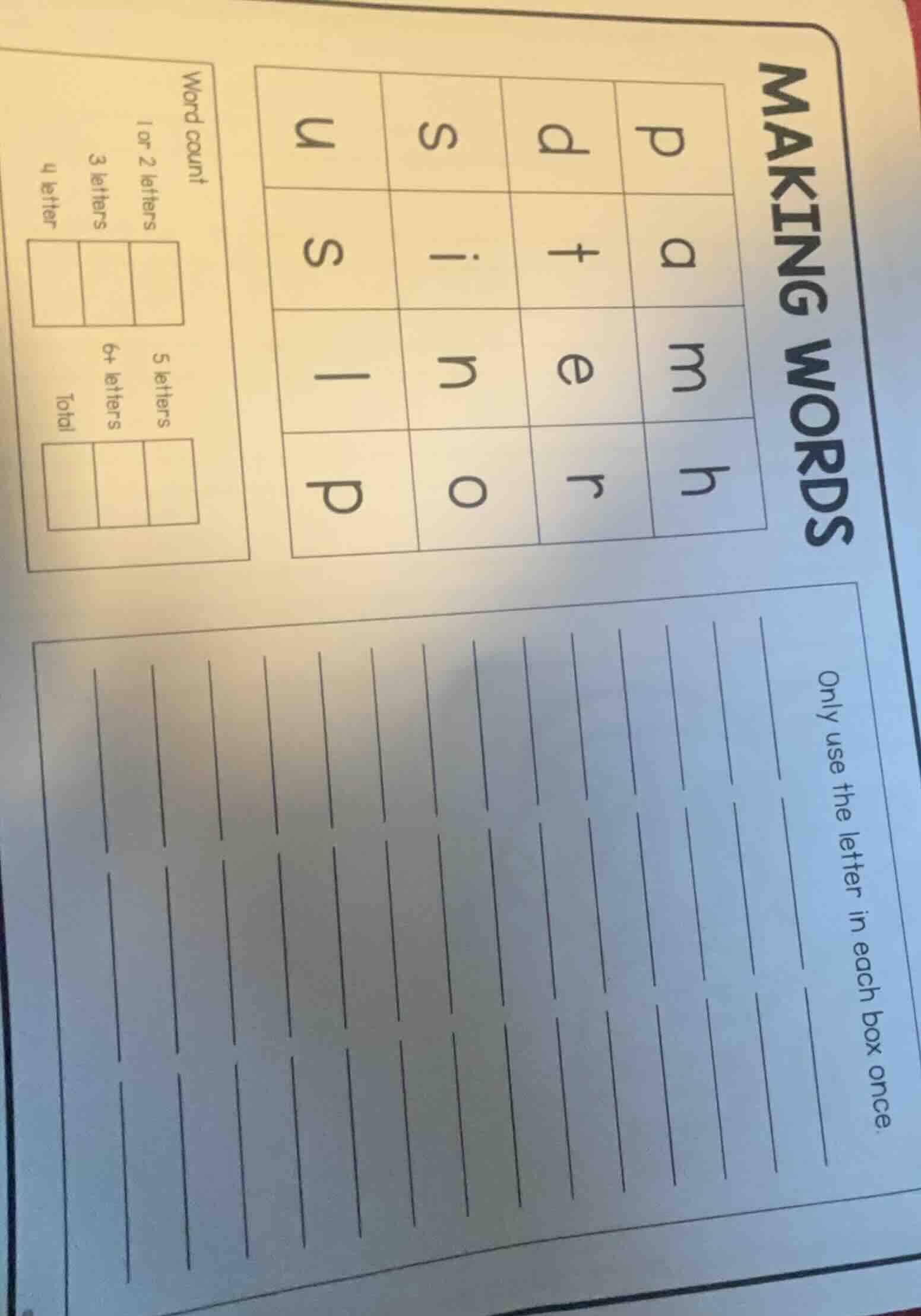 making words only use the letter in each box once. word count 1 or 2 le…