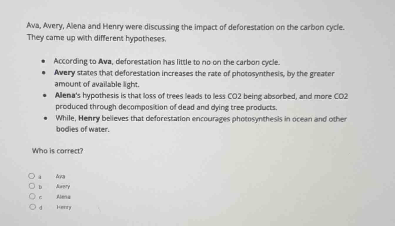 ava, avery, alena and henry were discussing the impact of deforestation…