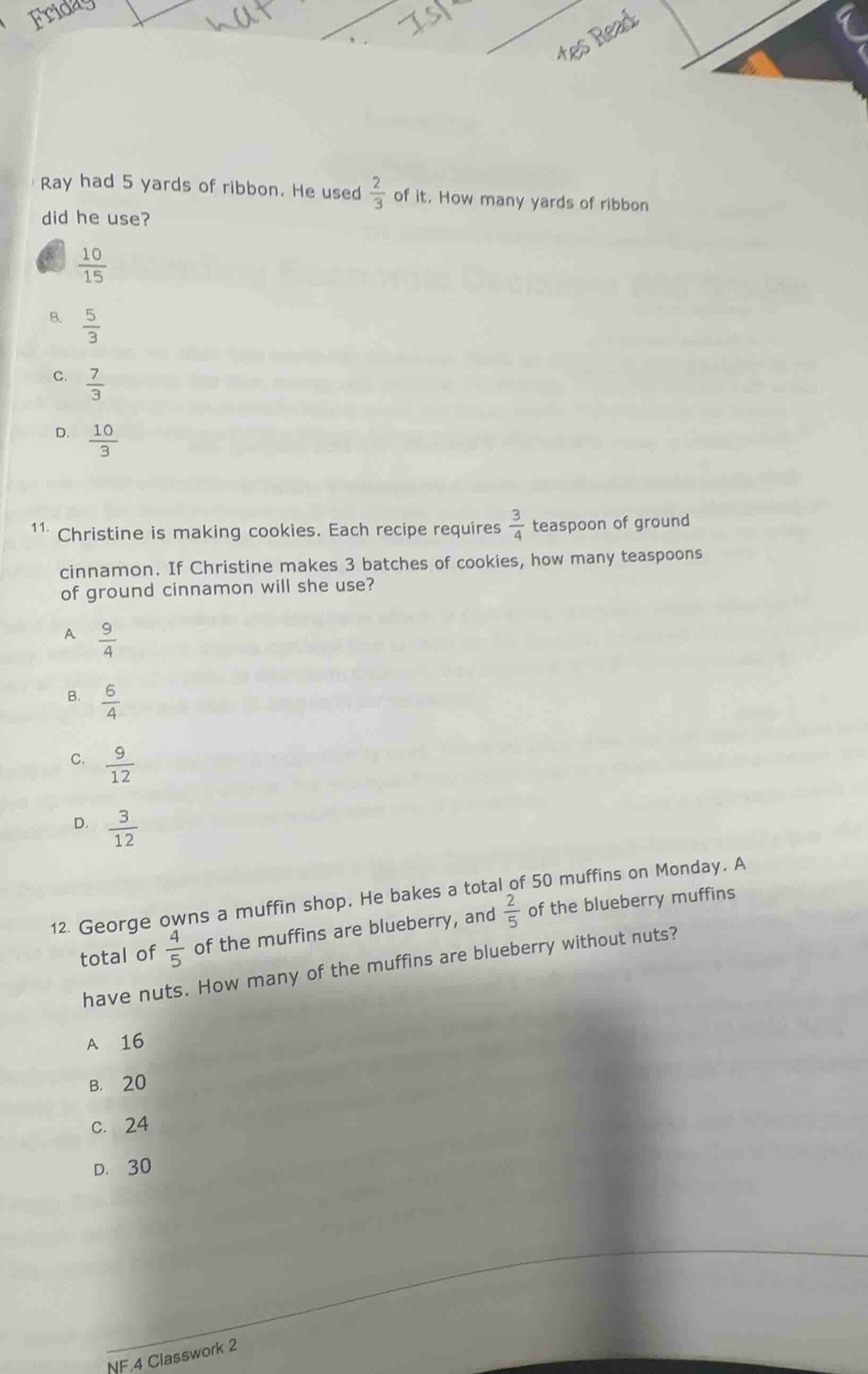 ray had 5 yards of ribbon. he used \\(\\frac{2}{3}\\) of it. how many y…