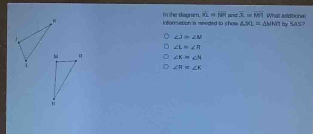 in the diagram, $overline{kl} cong overline{nr}$ and $overline{jl} cong…