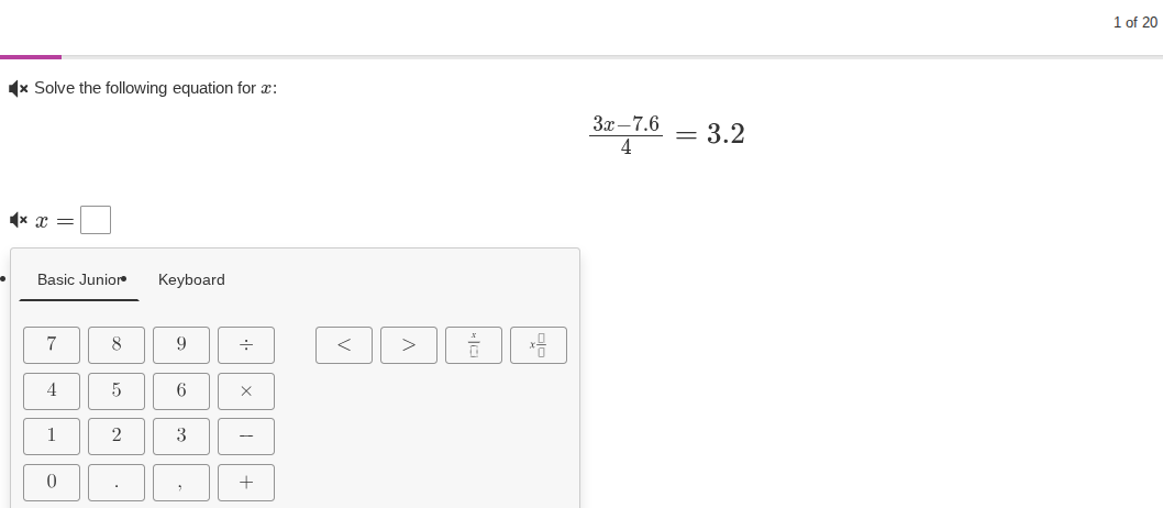 solve the following equation for ( x ): ( \frac{3x - 7.6}{4} = 3.2 ) ( …