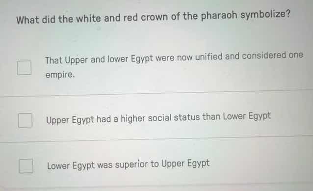 what did the white and red crown of the pharaoh symbolize? that upper a…