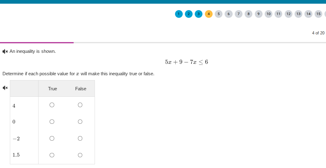 an inequality is shown. $5x + 9 - 7x \\leq 6$ determine if each possibl…