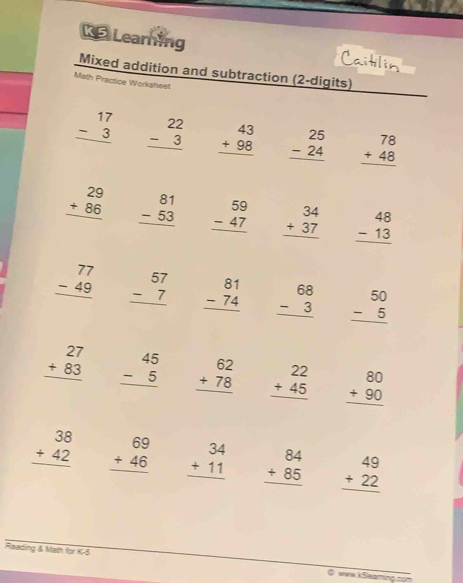 k5 learning mixed addition and subtraction (2 - digits) math practice w…