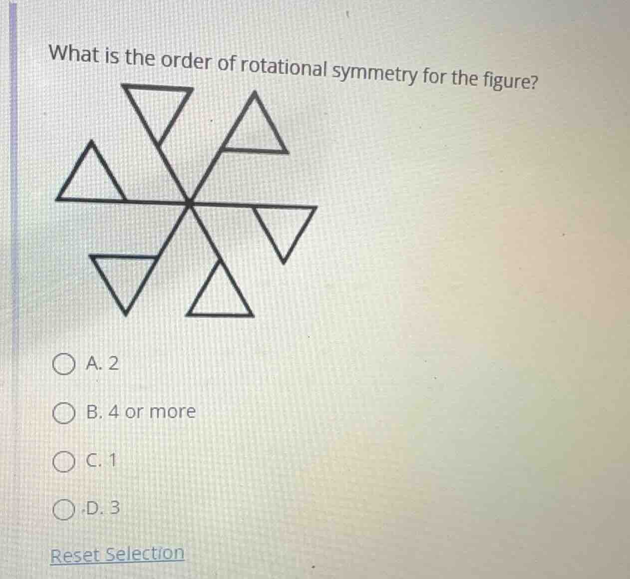 what is the order of rotational symmetry for the figure? a. 2 b. 4 or m…